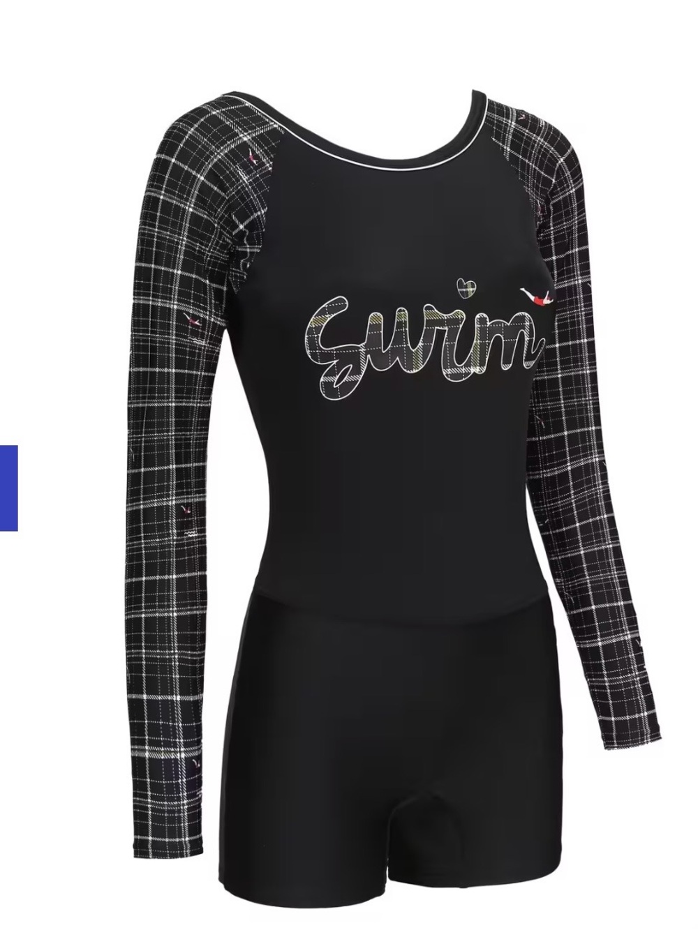 Nabaiji 
Long-Sleeve Black One-Piece Swim Romper with Plaid Sleeves